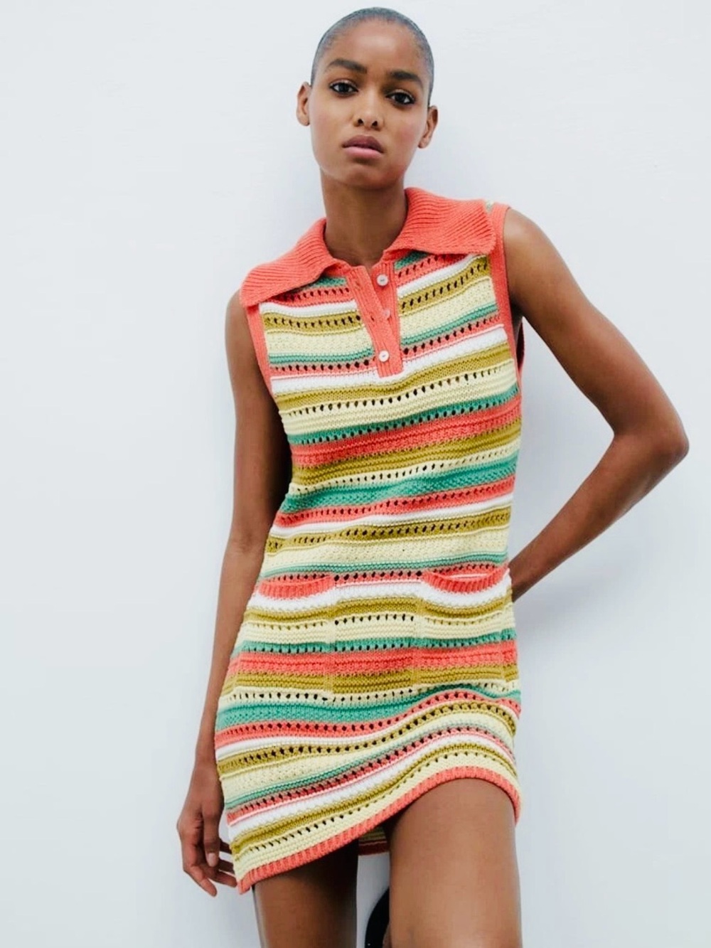 NWT Zara Colorful Striped Crochet Knit Collared Mini Dress Sleeveless Boho - S